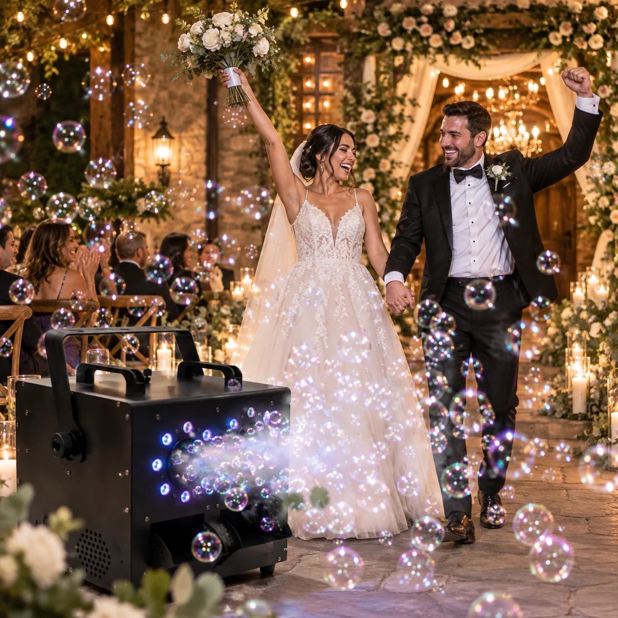 Bruidspaar met zeepbellen van een bubbelmachine