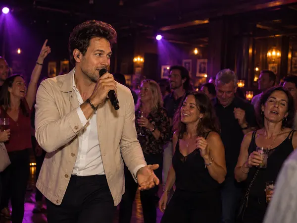 Chris Riven zingt met een microfoon tussen feestgasten