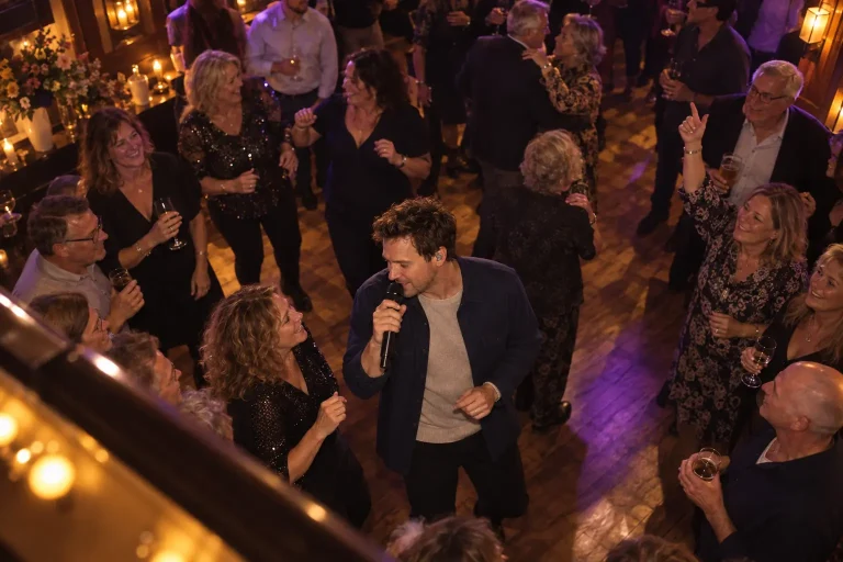 Chris Riven zingt met een microfoon tussen feestgasten