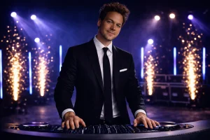 DJ in Suit achter de DJ-booth