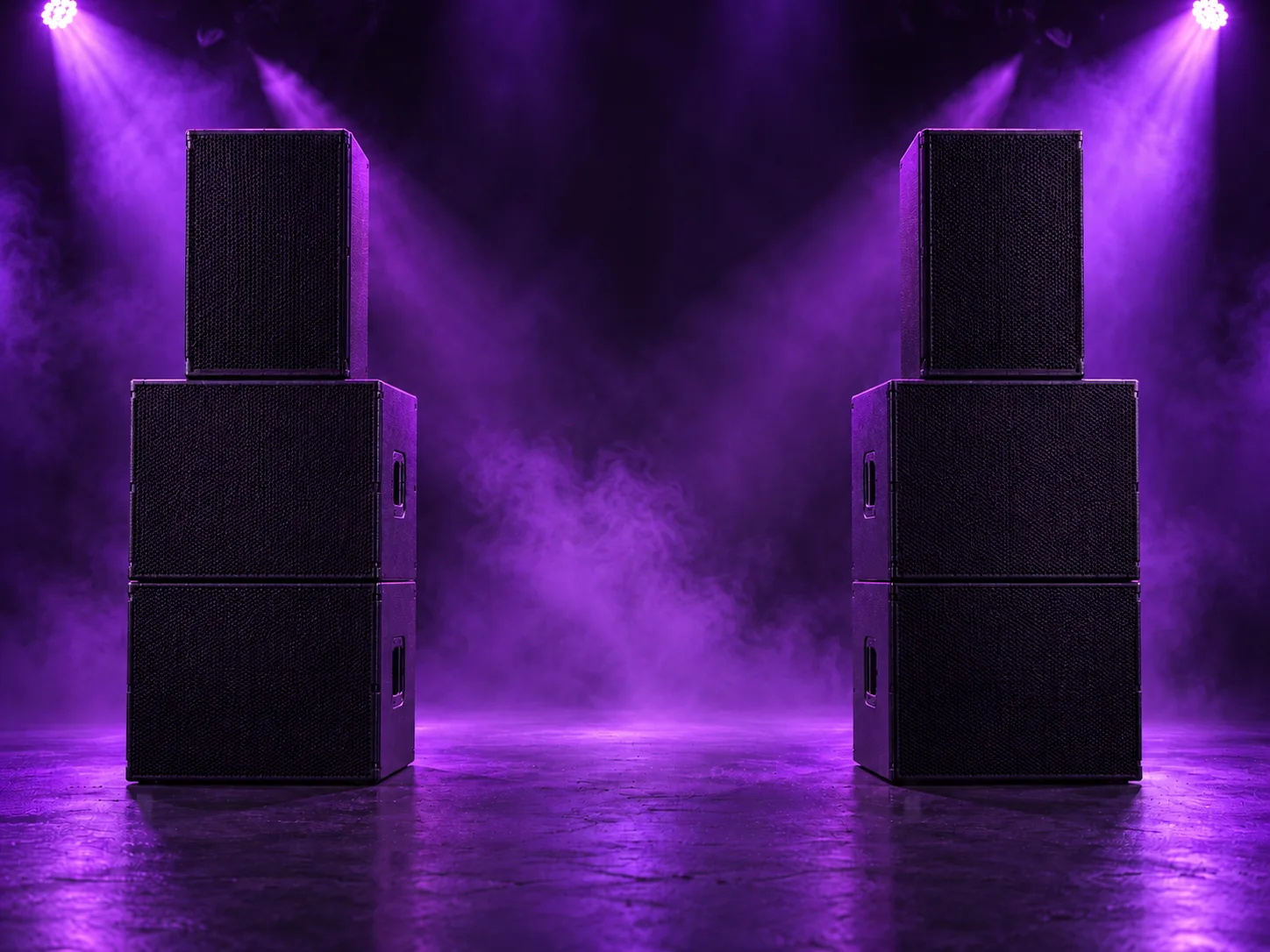 Twee luidsprekertoppen en vier subwoofers in paarse haze
