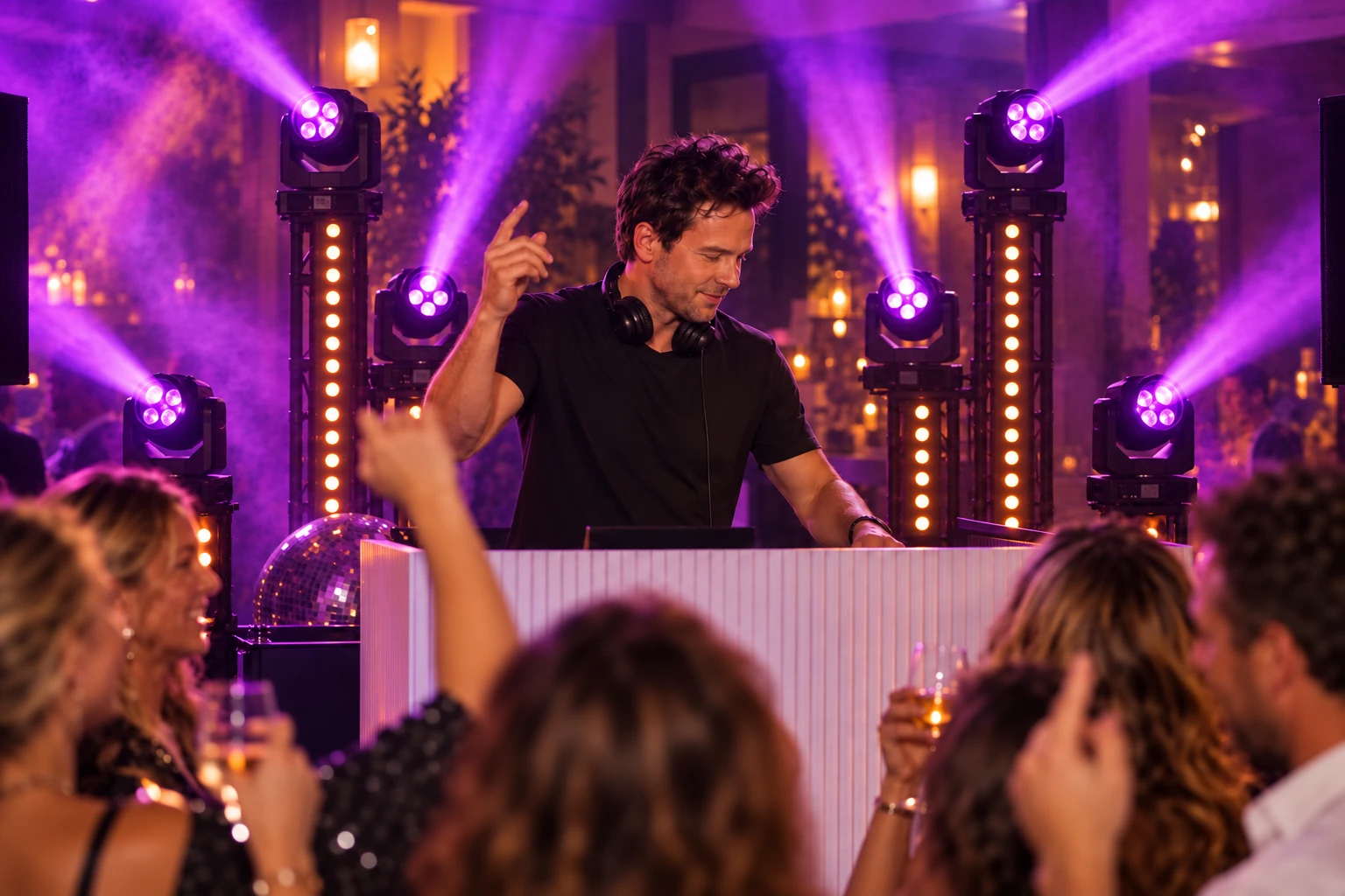 DJ achter een witte booth met zes moving heads en paarse lichtbundels